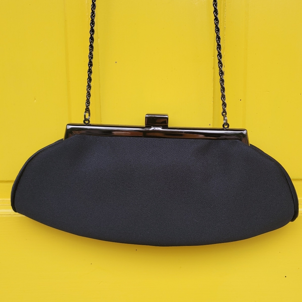 Vintage La Regale Black Satin Gunmetal Frame Evening Clutch